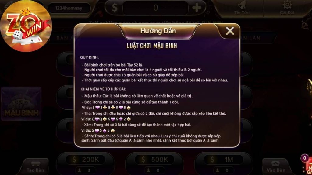 Luật chơi game bài mậu binh Zowin